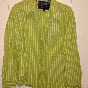 American Eagle Outfitters Lime Green and White Striped Button-Up Shirt